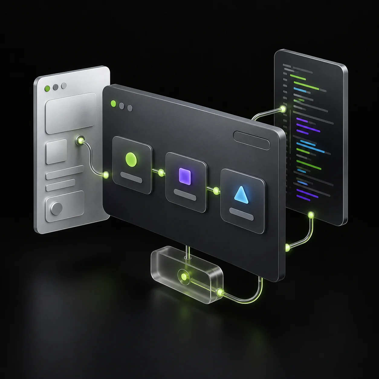 Ilustración de interfaces, código y procesos de software conectados